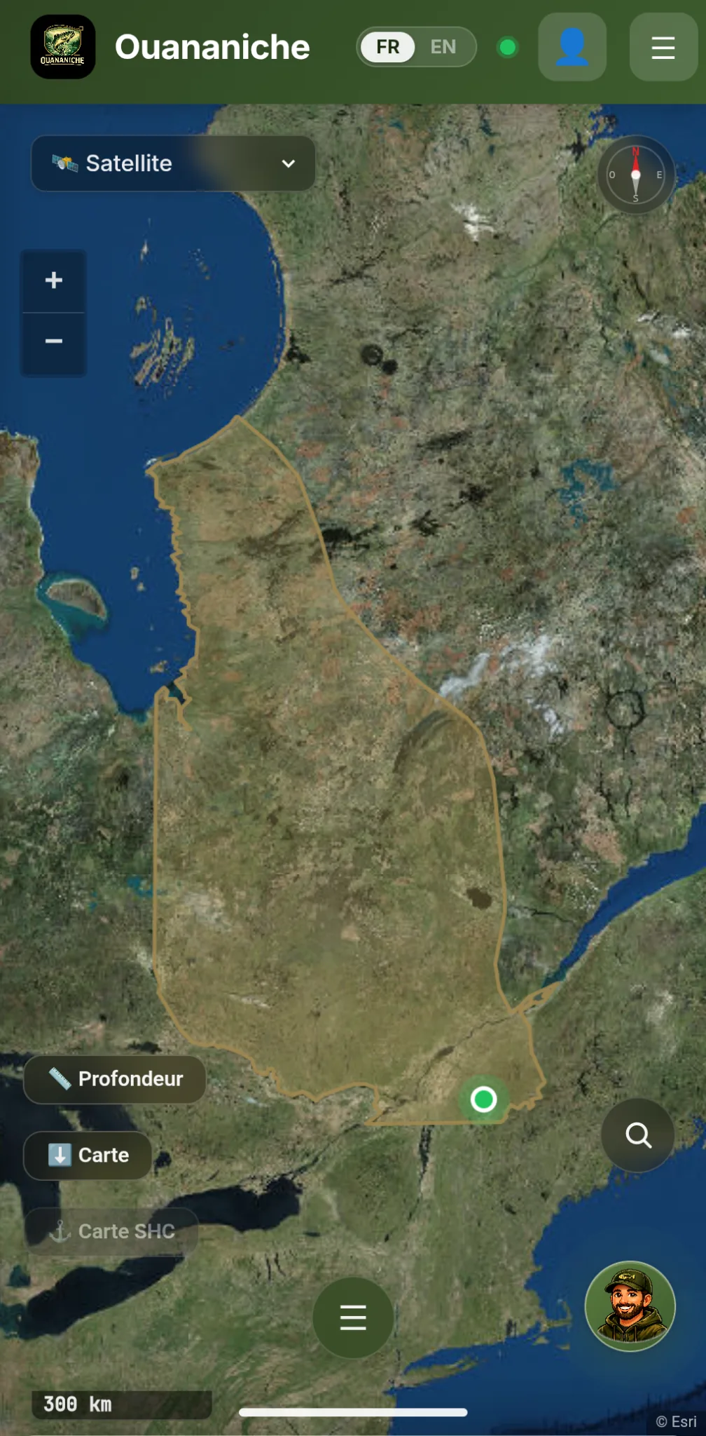 Capture d’écran du filtre par espèce et des zones de répartition dans Ouananiche