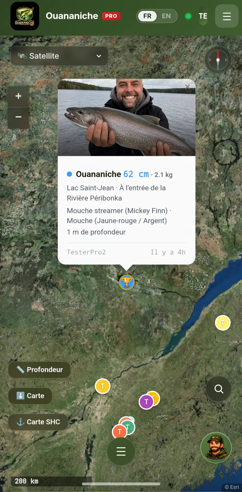 Capture d’écran des rapports communauté en direct sur la carte dans Ouananiche