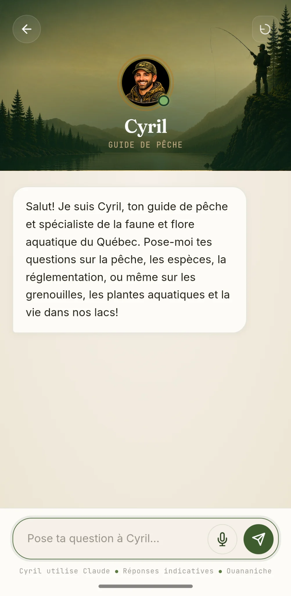 Capture d’écran de Cyril, le guide de pêche IA dans Ouananiche