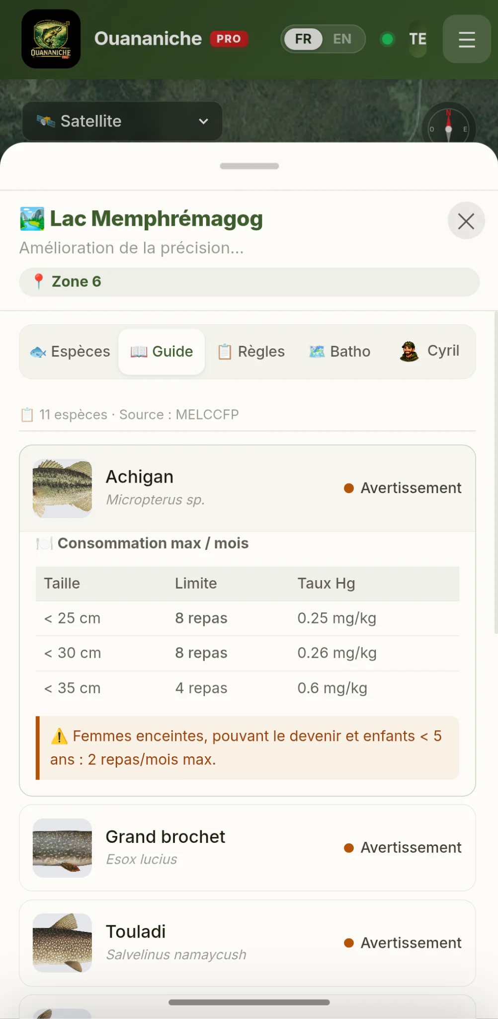 Capture d’écran du guide des poissons dans Ouananiche