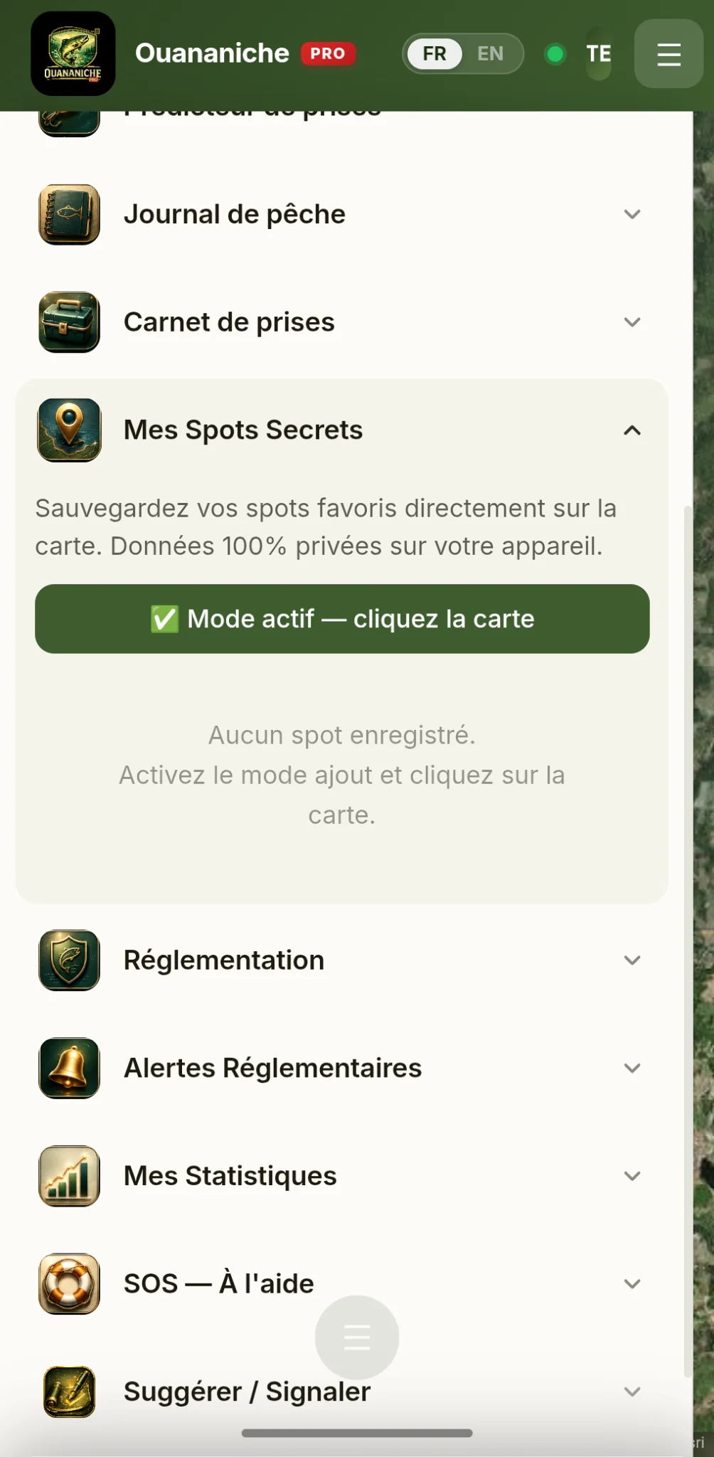 Capture d’écran de la gestion des spots secrets dans Ouananiche